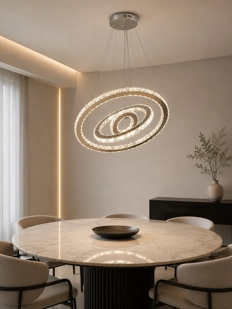 Lámpara Barcelona instalada sobre un comedor contemporáneo