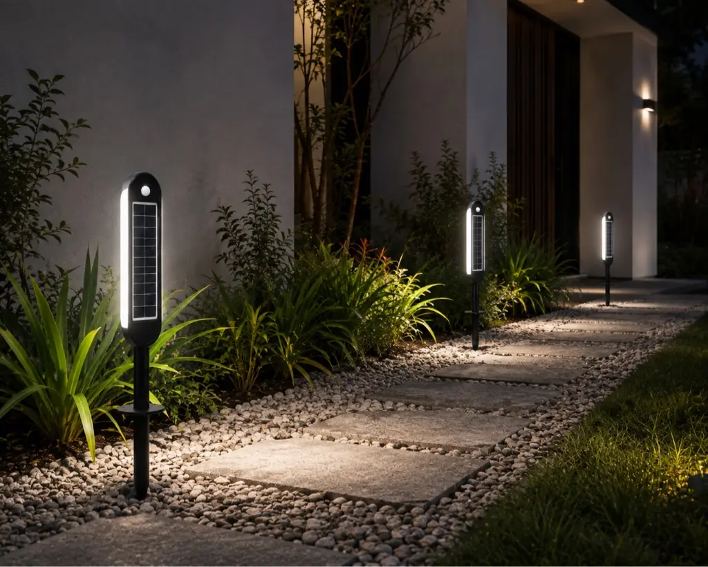 Bolardos solares instalados a lo largo de un sendero