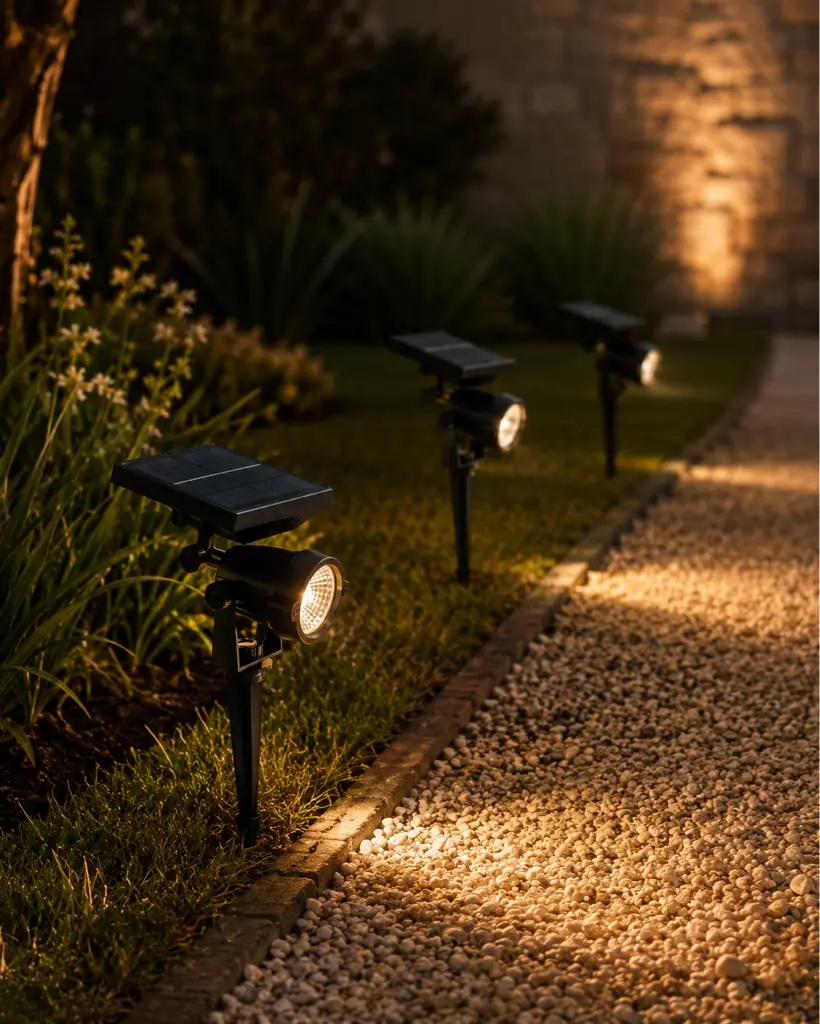 Estacas solares iluminando un jardín y un sendero