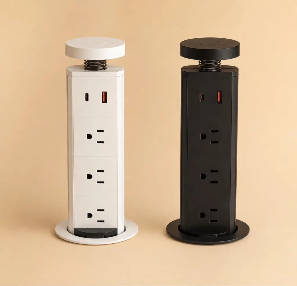 Multitoma eléctrica retráctil blanca y negra vista completa