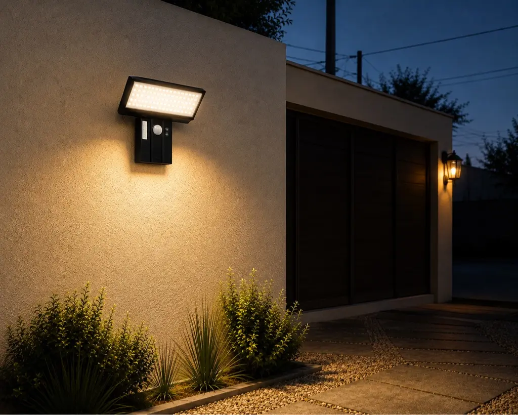 Luminaria solar LED 4 W con sensor instalado en un espacio