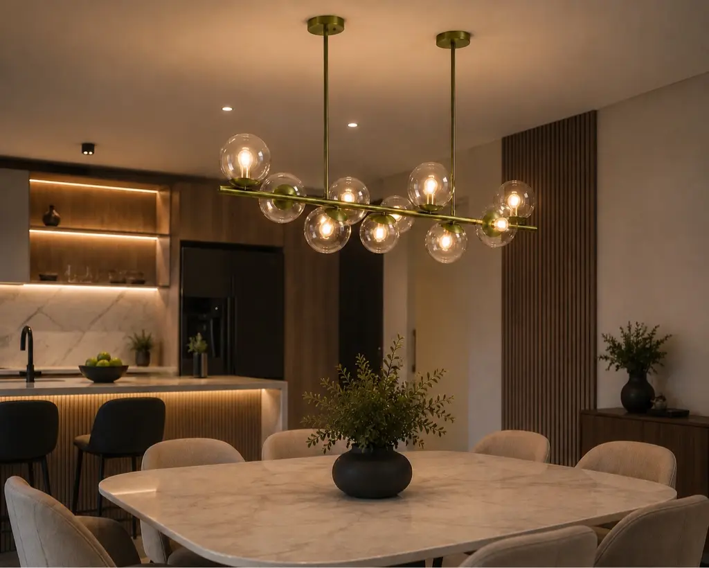 Lámpara Orbe instalada sobre un comedor contemporáneo