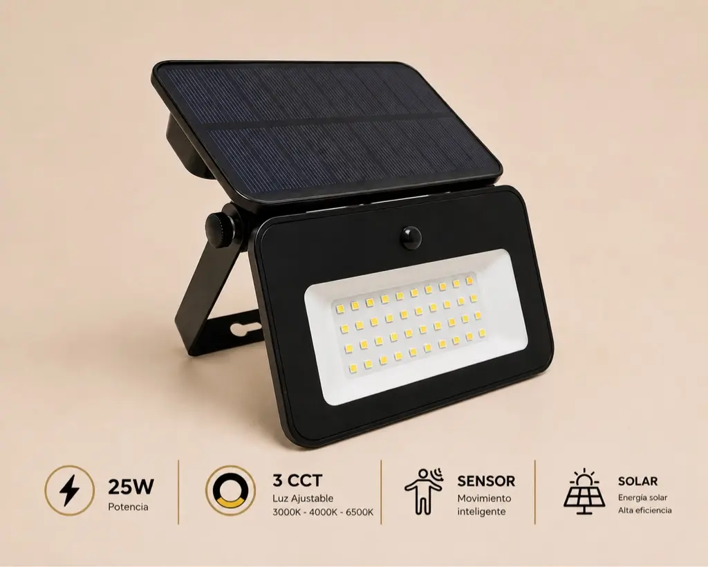 Reflector solar LED 25 W 3CCT con sensor, vista completa