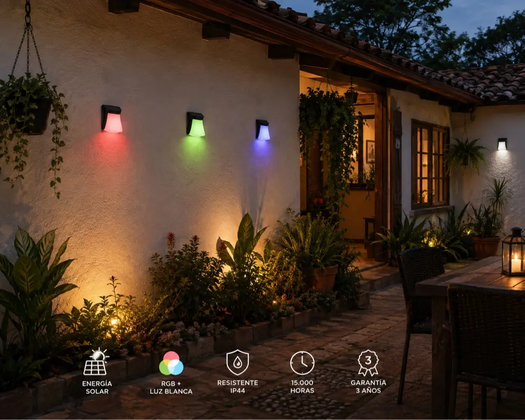 Apliques solares RGB instalados en una fachada con jardín